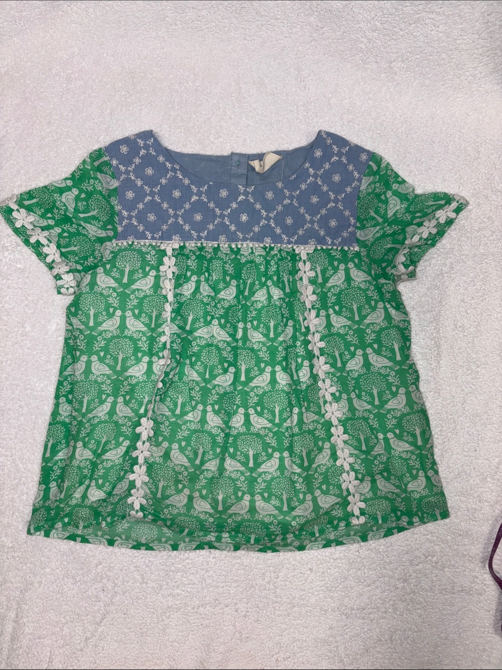 Mini boden Cotton Mixed Media Eyelet Top Green And Blue Sz birds 9-10